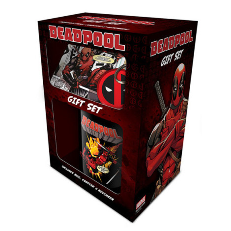 Conjunto de caneca + porta-chaves + base para copos do Deadpool