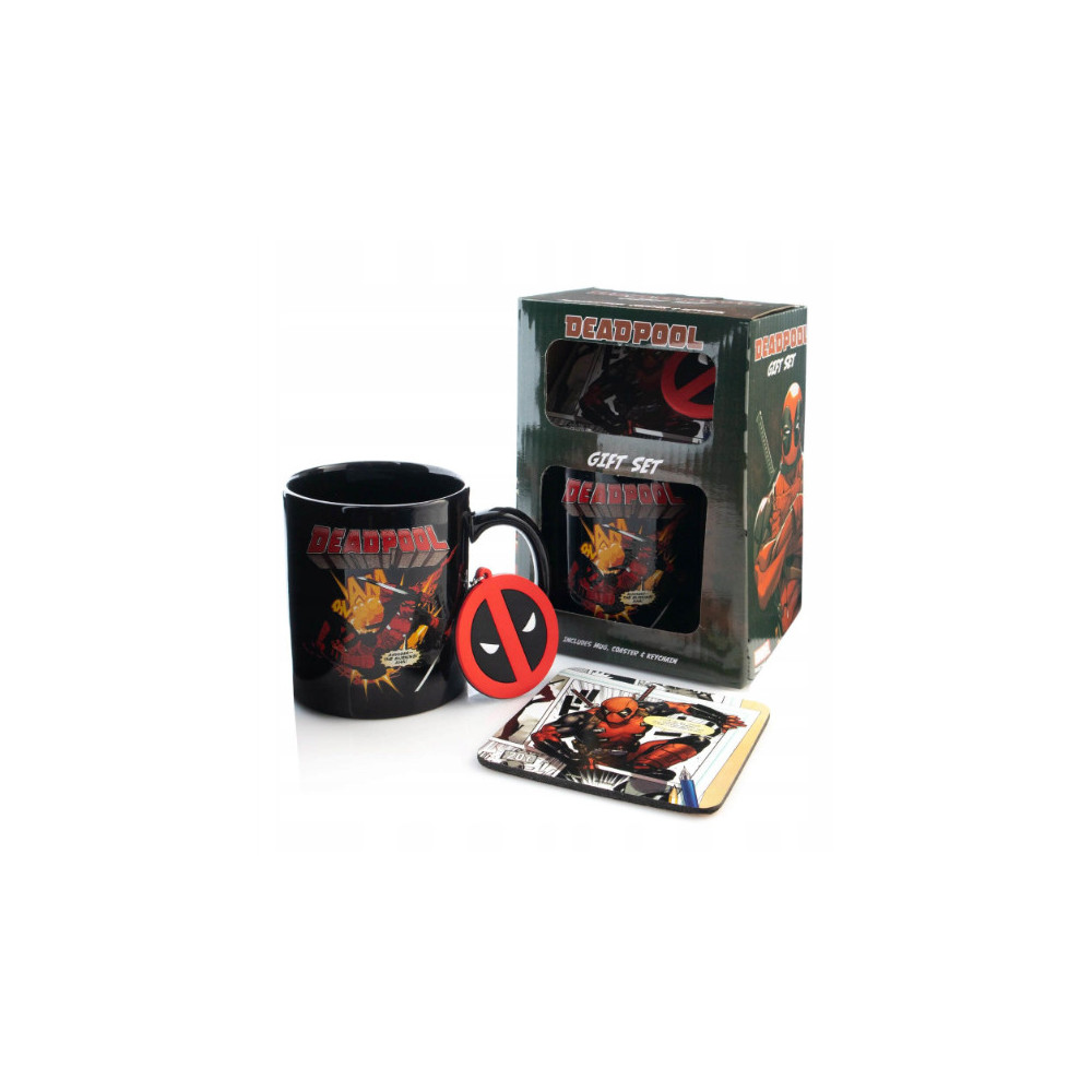 Conjunto de caneca + porta-chaves + base para copos do Deadpool