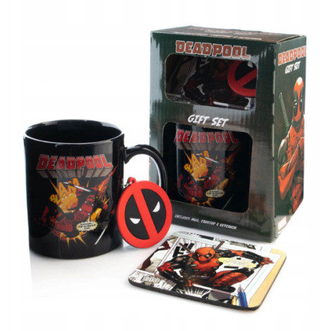 Conjunto de caneca + porta-chaves + base para copos do Deadpool