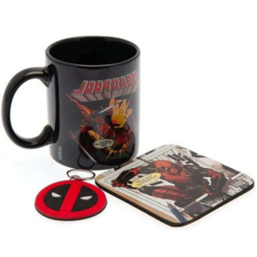 Conjunto de caneca + porta-chaves + base para copos do Deadpool