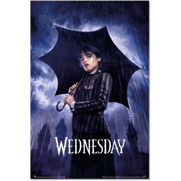 Cartaz Quarta-feira Addams com guarda-chuva