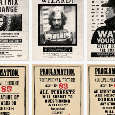 Set de postales proclamaciones y se busca Harry Potter Minalima