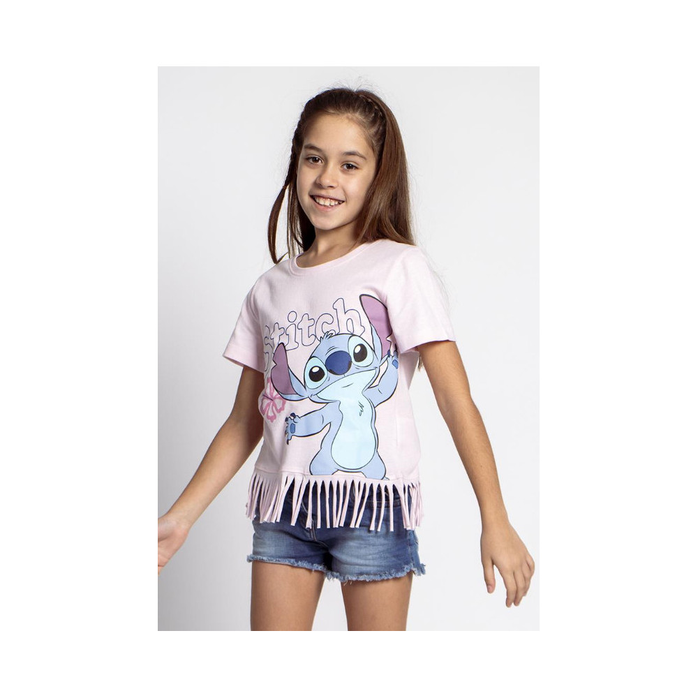 T-shirt Stitch curta com franjas cor-de-rosa