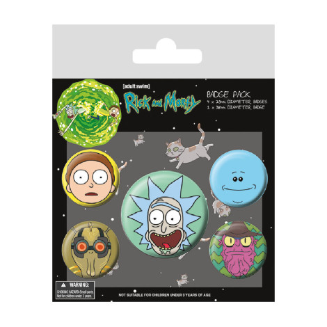 Conjunto de crachás com as caras do Rick & Morty