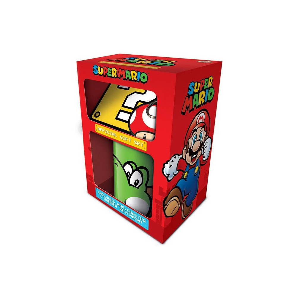 Pacote de oferta Caneca Super Mario Yoshi + porta-chaves + base para copos